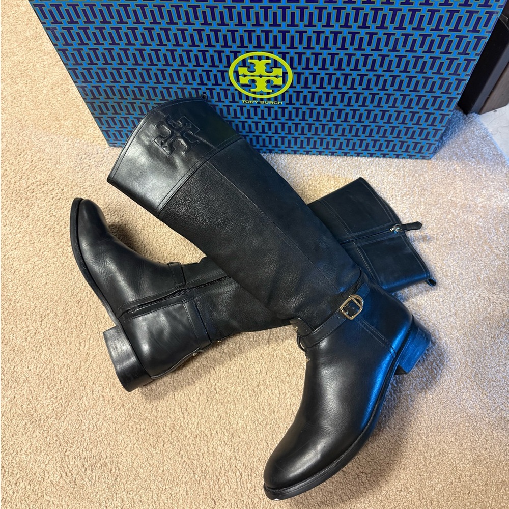 Tory Burch Simone Black Leather Riding Boots